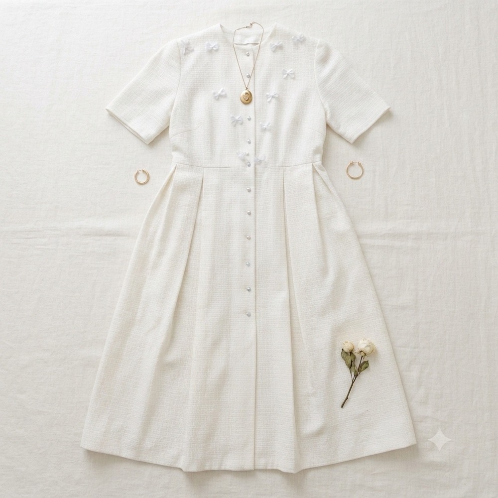 Handmade Midi Dress Women Medium Ivory 3D Floral Applique Pleated Coquette Retro